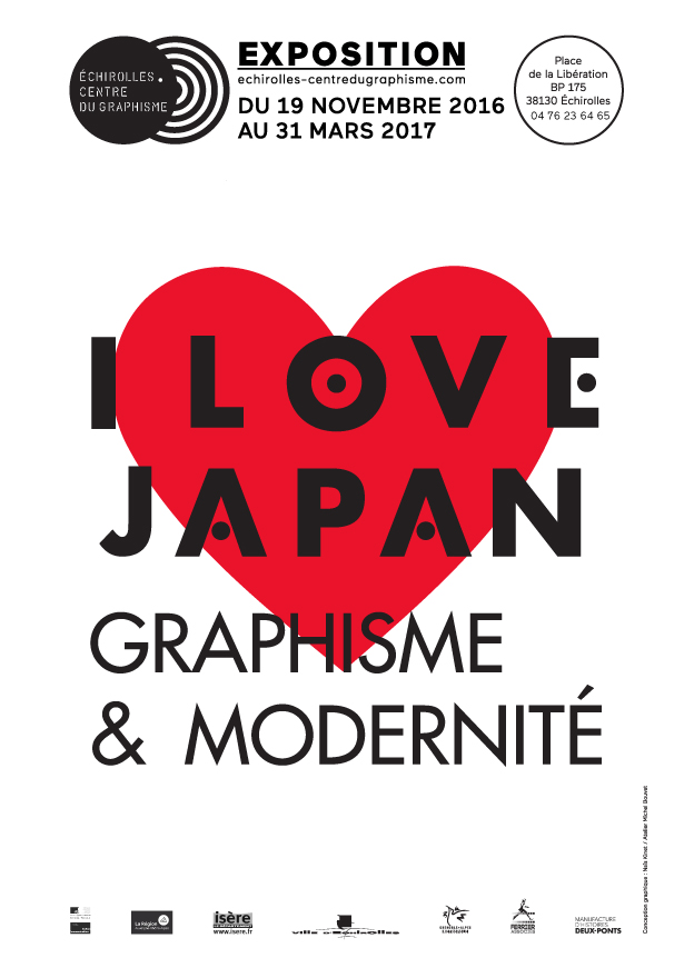 affiche de l'expositionI love japanGraphisme et modernité sur fond blanc avec un un grand coeur rouge