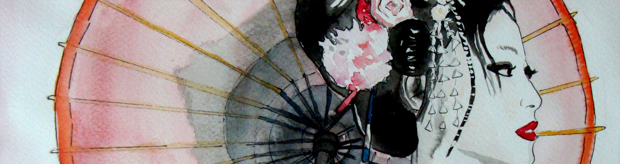 aquarelle représentant le visage d'une geisha avec son ombrelle